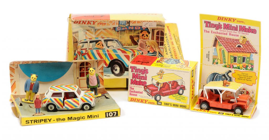 Dinky 107 "Stripe" Magic Mini - finished in white, red interior with red, yellow, blue and white stripes, chrome spun hubs - and 350 "The Enchanted House” Tiny's Mini Moke.