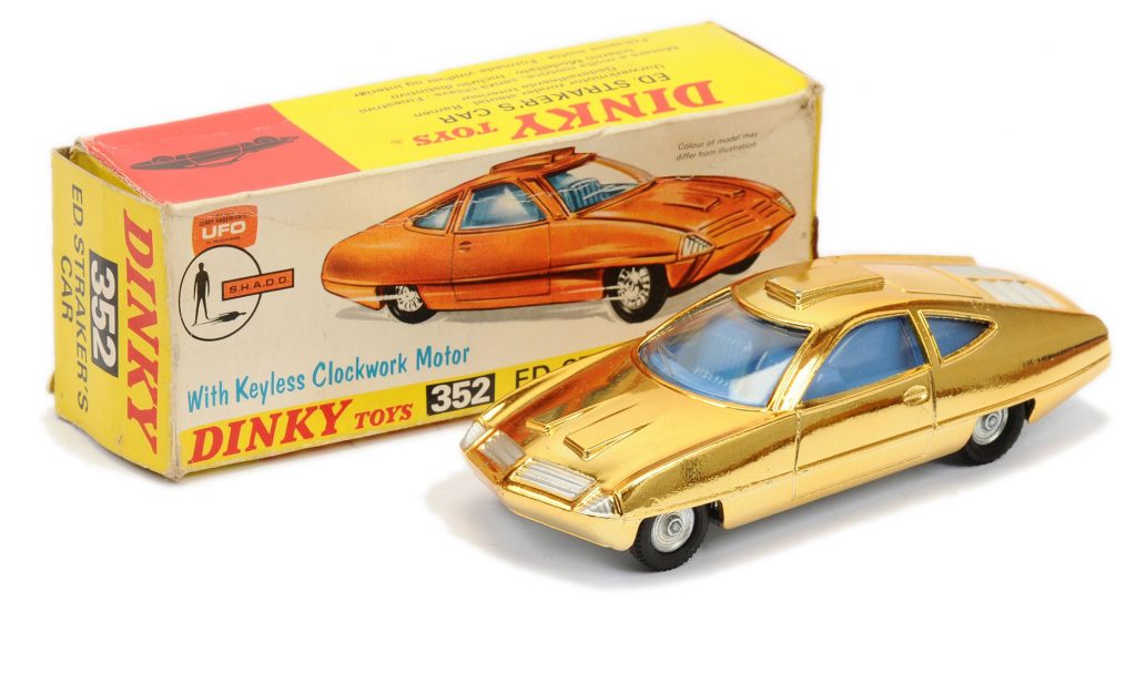 Dinky 352 "UFO" Ed Straker's Car - gold plated finish, blue interior, silver trim and engine cover, cast hubs
