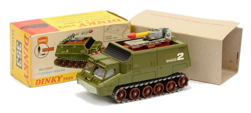Dinky 353 "UFO" Shado 2 Mobile - green, large brown rollers with grey rubber tracks, pale grey interior, with yellow and red Missile