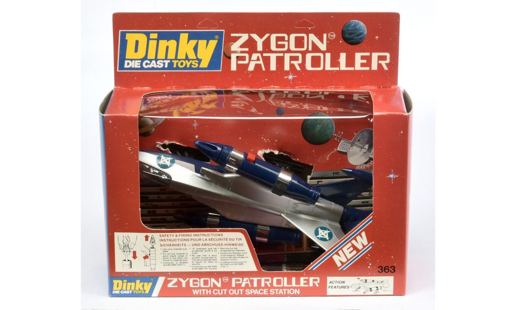 Dinky 363 Zygon Patroller - silver, blue - Mint including cut-out Space Station and outer window box