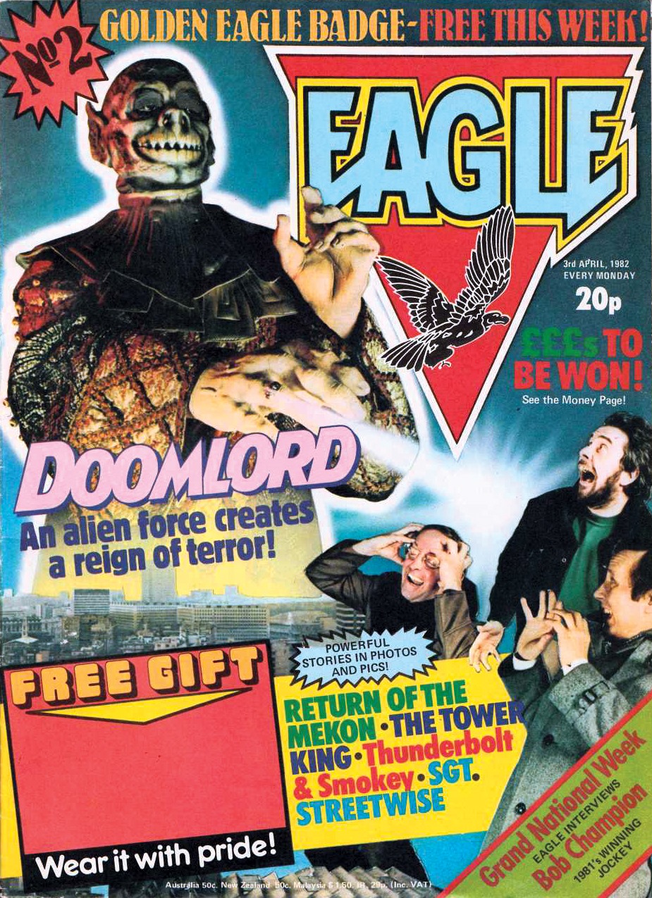 Eagle Issue 2 cover dated 3rd April 1982, featuring, probably, Mike White as Doomlord and Fleetway staffers Barrie Tomlinson, Doug Church and Kelvin Gosnell facing his wrath