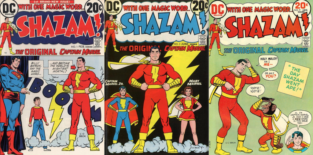 1970s Shazam! comic covers by C.C. Beck. 13th Dimension notes Superman on Shazam! was by Nick Cardy, with Superman’s face inked by Murphy Anderson
