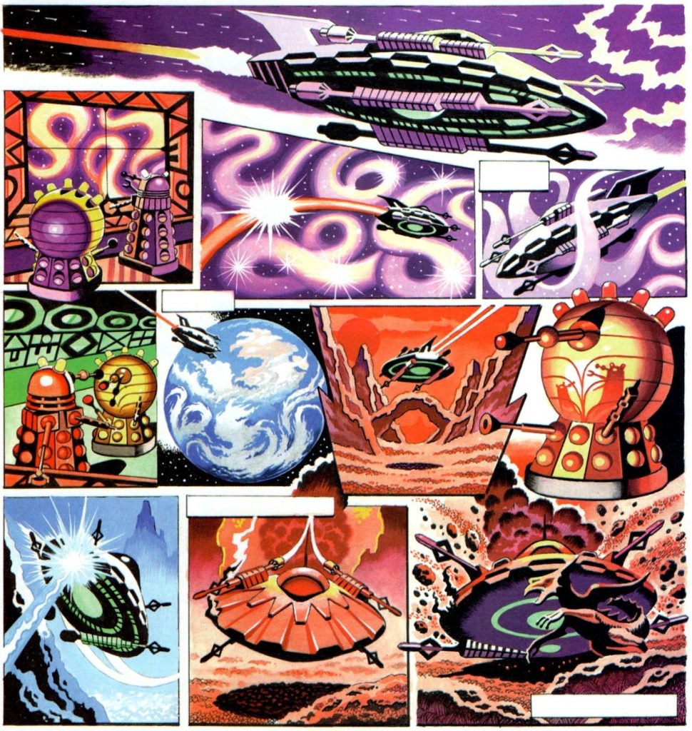 The art for the first page of "The Daleks - Deadline to Doomsday", one of two pages for the story painted by Ron Turner completed before his death in 1998