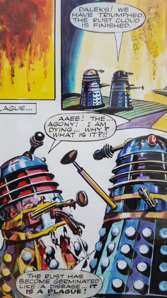 Art from a page from "The Daleks" story now known as "Plague of Death" by Richard Jennings, from TV Century 21 Issue 37, published in 1965. The original artwork has previously been on display in the Cartoon Museum, London