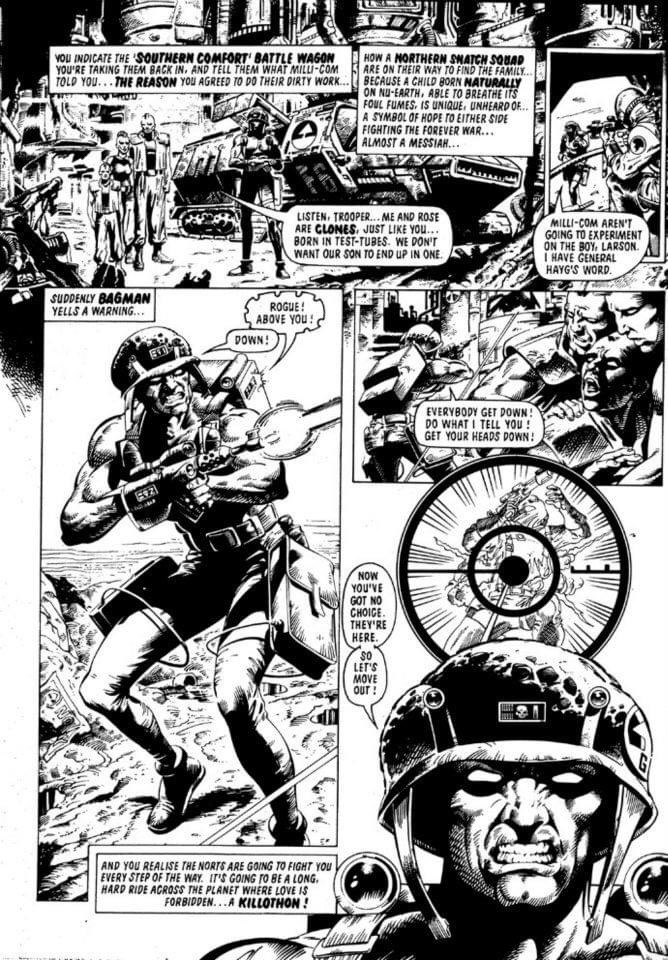 Mike Collins sample page that got him work at 2000AD, via Diceman. Inked by Mark Farmer