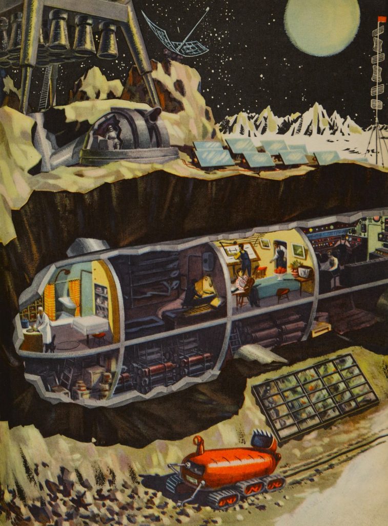 Technology for the Youth, issue 2, 1959, illustration by B. Dashkov for the article ‘What Would a Space Station on the Moon Look Like?’ Image courtesy of The Moscow Design Museum, from Soviet Space Graphics