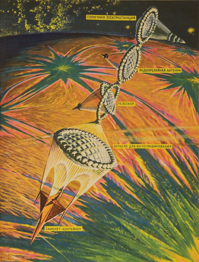 Technology for the Youth, issue 4, 1961, illustration by G. Pokrovsky for the article ‘Steps to the Stars’, depicting a spacecraft passing over Mars. A system of intricate inflatable structures is attached to the tail of the craft, comprising a mirror for photography, a telescope, a radio relay antenna and a solar power plant