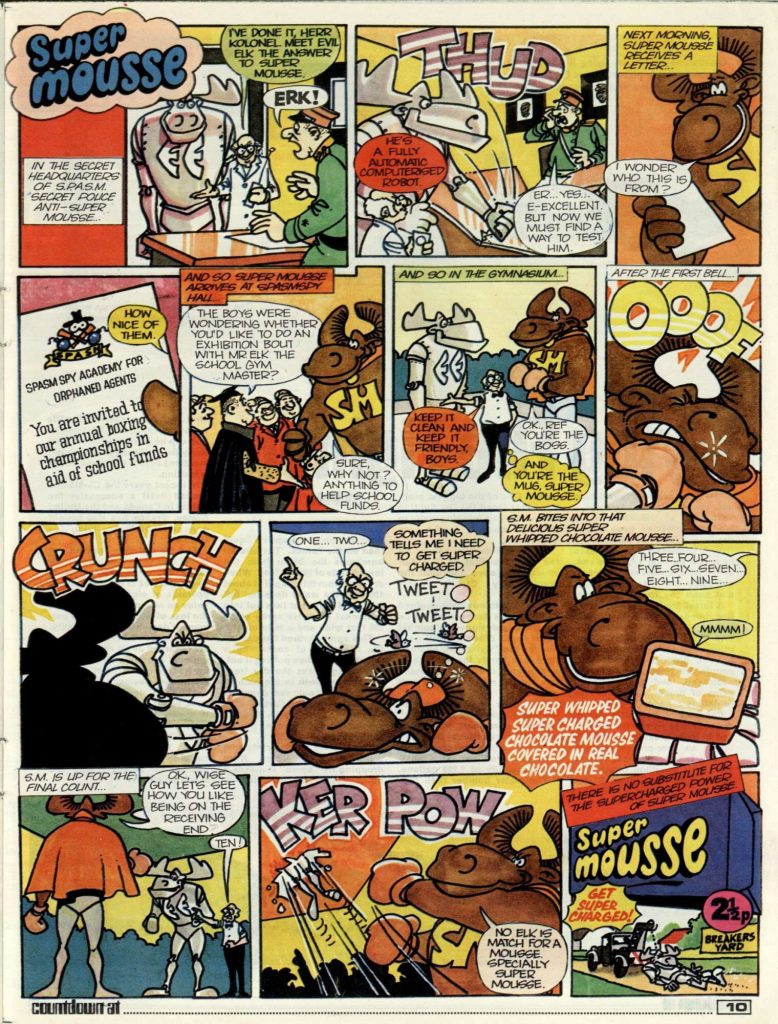 A comic strip ad for "Super Mousse" chocolate bars, art by Peter Ford. More Super Mousse ads on Stand By for Action