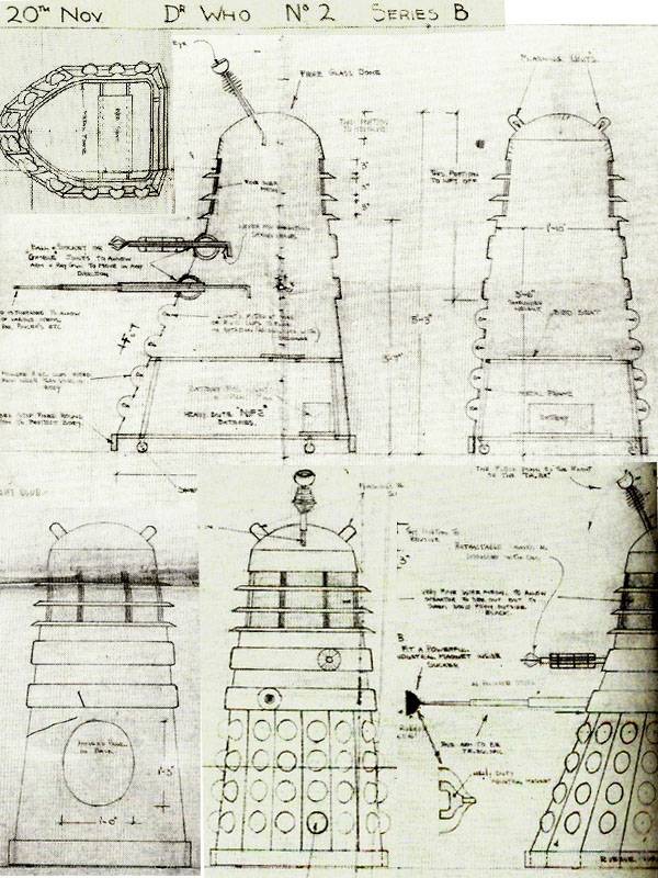 What purport to be the oldest available plans of a Dalek are credited to draftsman A. Webb (Tony Webb) based on Raymond Cusick’s outlines. Webb also had a small part to play in the actual design of the Daleks as it had been he who had sat on a chair against a wall for Cusick and BBC trainee, Jeremy Davies, to measure for the general size of the props. The plans themselves are headed “Zero 20th Nov” which would have been the deadline for the project and they are dated 27/10/63. Via Dalek 63•88