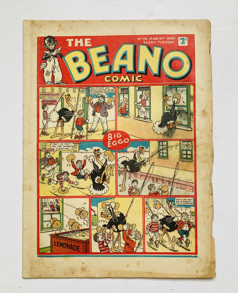 Beano No. 86, cover dated 16th March 1940. A propaganda war issue in which the “Wild Boy of the Woods” capture a Nazi Flying Boat