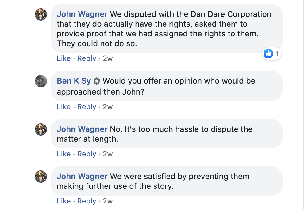 John Wagner noted that he had contested the Dan Dare Corporation's claimed ownership of Doomlord in a Facebook group post in April 2020