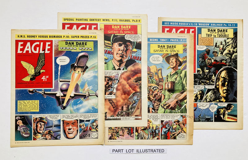 Included in the auction - the complete year  of Eagle, Volume 10, published in 1959. Seven issues were lost to printers' strike in July and August that year. The issues include Dan Dare in “Safari in Space”, “Terra Nova” and “Trip To Trouble” by Frank Hampson, with Frank Bellamy taking over the artwork during the Terra Nova story. “The Shepherd King”, by Bellamy also features