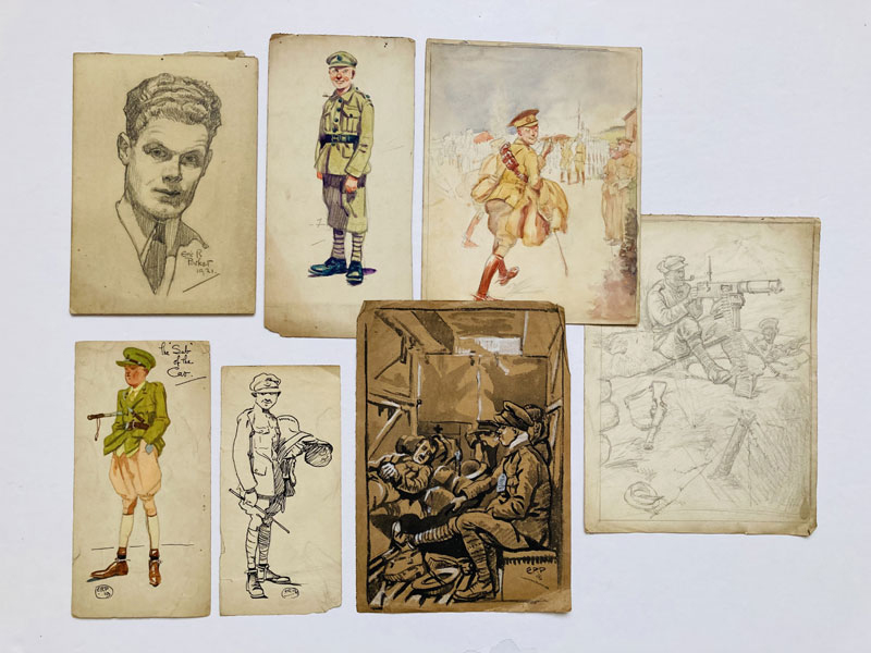 Six World War One painted and black and white sketches by Eric Parker, four signed, with an Eric Parker self-portrait pencil sketch signed and dated 1921. From the Eric Parker Archive