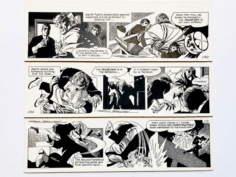 Three original consecutive artworks for “Garth: The Doomsmen” (1976) drawn and signed by Frank Bellamy for the Daily Mirror 27th - 30th June 1976. Indian ink on board. 21 x 7 ins