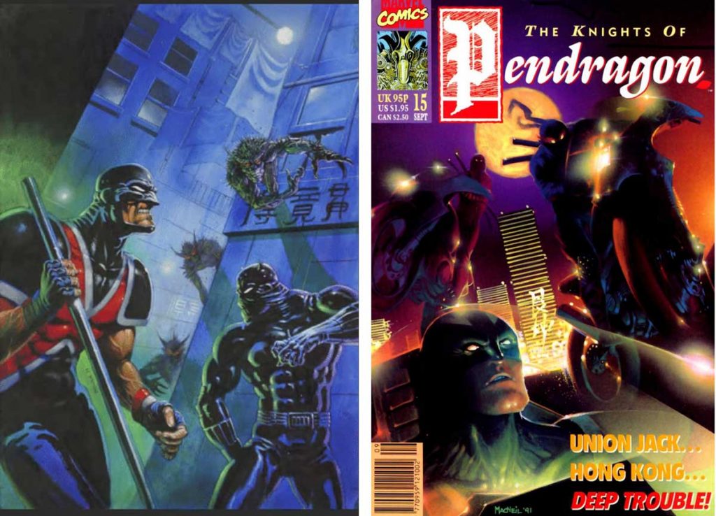 Left: Dermot Power's unused cover for Knights of Pendragon #15, and right, the published cover by Colin MacNeil. Gary Erskine recalls Dermot's cover was delayed, but he did provide the cover for #16. With thanks to Adrian Clarke