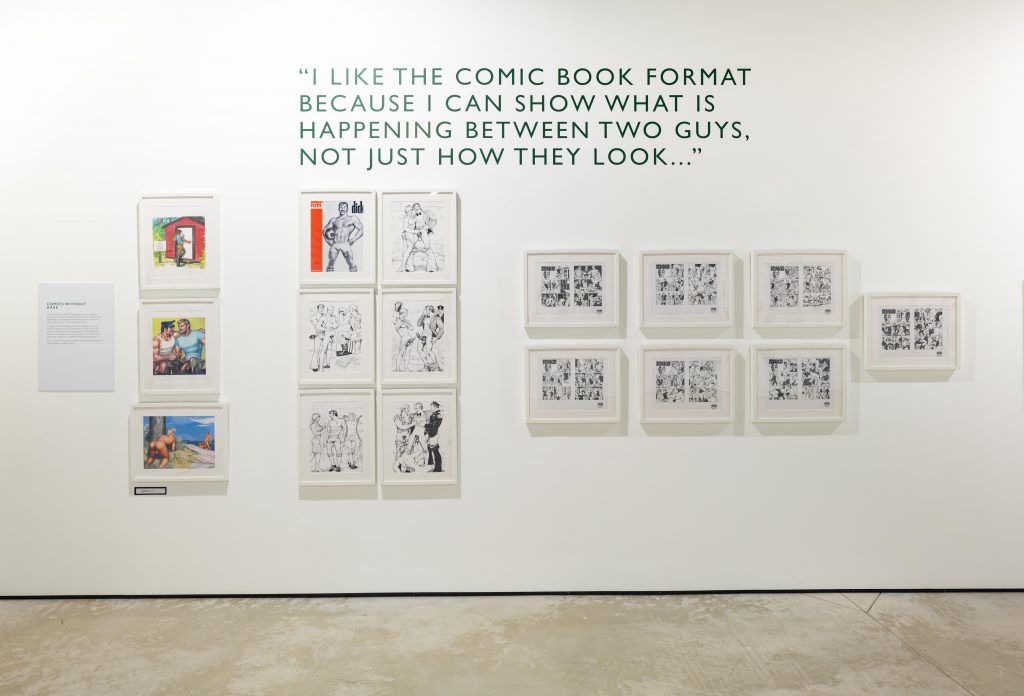 A display from "Let’s Go Camping With Tom of Finland" - an exhibition at the Cross Lane gallery in Kendal in 2019, part of the annual Lakes International Comic Art Festival