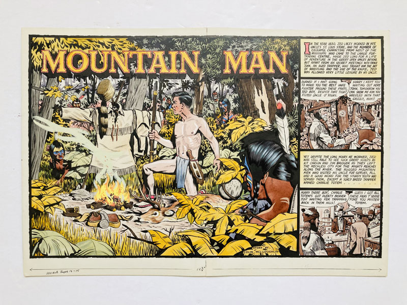 “Mountain Man” original double page artwork (1956) drawn and painted by Denis McLoughlin from the Buffalo Bill Wild West Annual No 8, 1956. Fresh poster colours on board. 20 x 14 ins