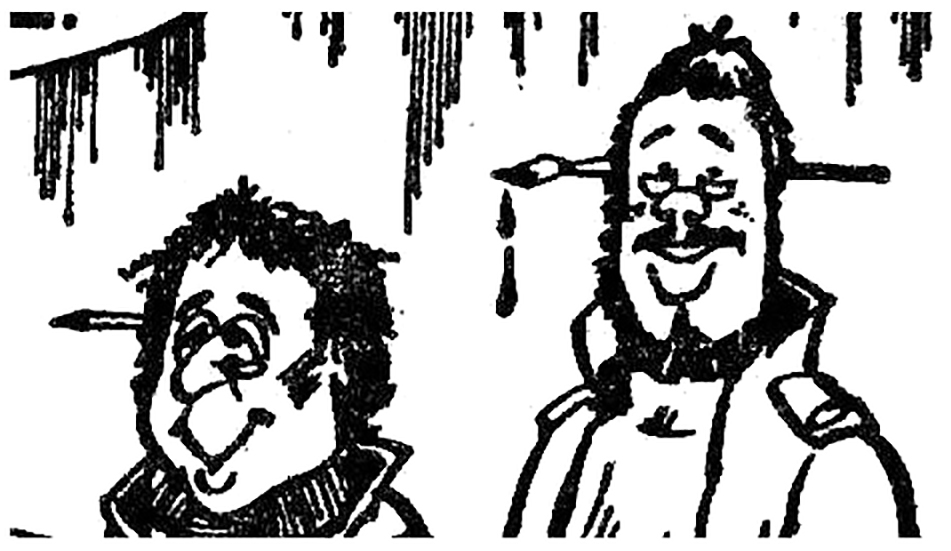 A self portrait by Andrew Christine, right (with Roger Kettle, left) as seen in the very last "Devils" strip for the Daily Star, in May 1987