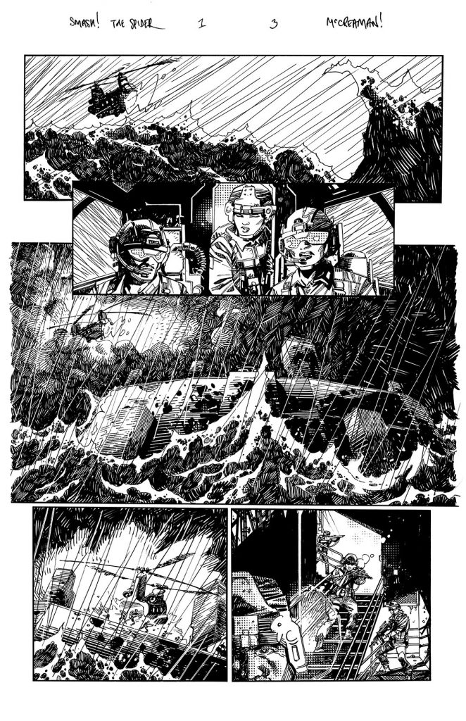Art from "The Spider" strip by John McCrea for the upcoming Smash! Special, script by Rob Williams