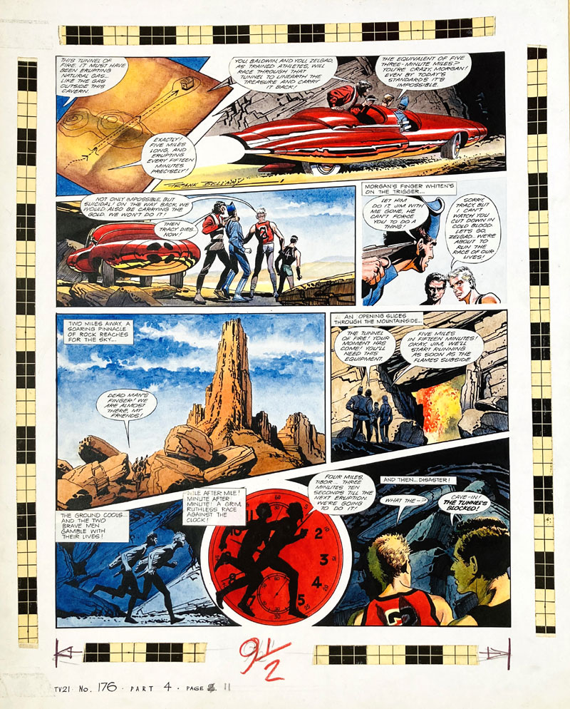 Thunderbirds original artwork (1968) drawn, painted and signed by Frank Bellamy for TV21 No 176. Two marathon runners are kidnapped by Lavan Morgan. Scott Tracy tracks them down to the Atlas Mountains in North Africa… and is also captured. Under pain of death they must race to retrieve the long lost pirate gold before the volcano explodes… Bright Pelikan inks on board. 15 x 18 ins