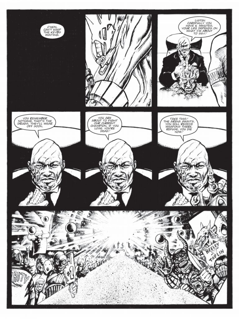 Pages from "V" for The77 #1, by Steve Bull and Ade Hughes, lettered by Annie Parkhouse