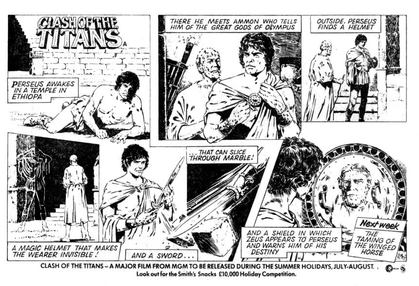1981 Clash Of The Titans film strip promotion, with black and white art by Modesty Blaise artist Patrick Wright