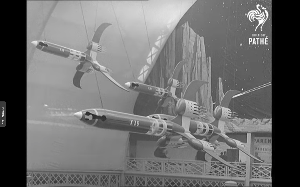 An impressive shot of the spaceships from the film "Exhibition News - Today & Tomorrow (1956)"