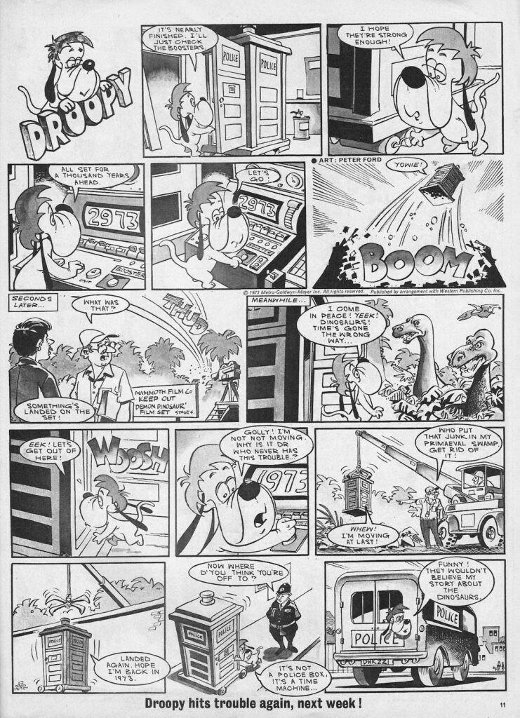Droopy / Doctor Who cross-over comic strip, from TV Action No. 128, July 1973. Art by Peter Ford