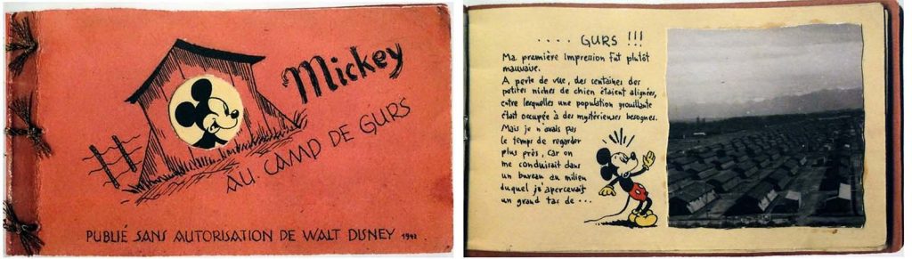 In 1942, Horst Rosenthal was arrested in Paris  by the Nazis for the "crime" of being a Jew and was deported to the concentration camp Gurs in Vichy, where he drew a comic-book titled "Mickey au Camp de Gurs". Rosenthal's comic book tells the story of Mickey Mouse being snatched from the street and sent to Gurs, and features a tour of Gurs that uses the brave face of humor to cope with enormous suffering. Rosenthal was later sent to Auschwitz and murdered on arrival