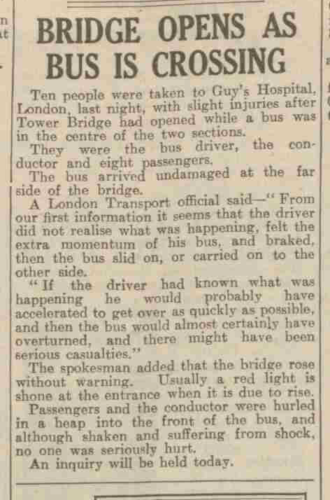 Bus on Tower Bridge - Daily Express, 31st December 1952