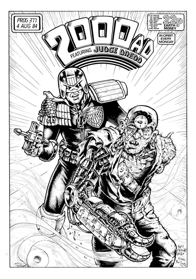 Kev Crossley’s homage to 2000AD Prog 377 by Ron Smith. Kev says the cover  “was the first 2000AD comic I ever saw, and it made a lasting impression. So I thought I'd include it in my current 'Lockdown Project'. I can't do better than Ron, so I didn't even try to emulate his inking style. Instead I riffed off his composition, re-sizing and re-arranging it to better fit this A4 template.”