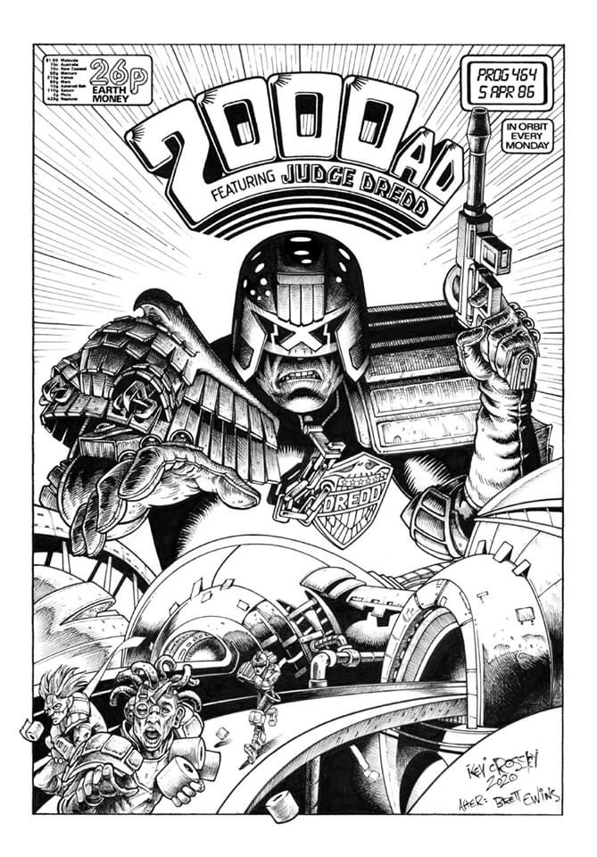 Kev Crossley’s homage to 2000AD Prog 464 by Brett Ewins. “'This one also serves as Part One of my long overdue homage series to the great Brett Ewins.,” says Kev. “I never got a chance to meet him, but I loved his work on Rogue, Dredd, Bad Company and Anderson. “I loved the cover he did for prog 464, so I re-worked his original composition, and created a whole new set of building structures. After producing the initial sketch I didn't refer to Brett's version again, and inked it 'blind'. Some kind folk compared my inking on this to early Bryan Talbot, which was humbling to hear, but I can't actually say where my inking style really comes from here. “But.. here's to Brett.. one of my heroes… (hope you'd approve mate!)”
