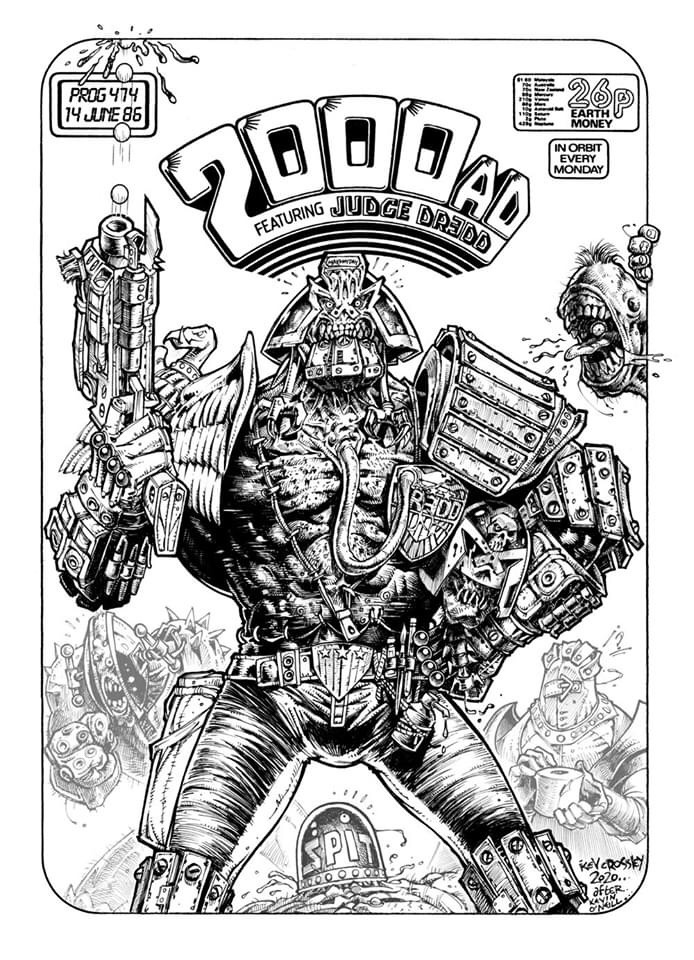 Kev Crossley’s homage to 2000AD Prog 474  by Kev O’Neill. “This prog flopped through my letterbox about six months after I started reading the comic and it just blew me away,” Kev recalls. “How the hell, I thought, I could follow in Kev's footsteps with this I have no idea!! But I did it anyway. For some reason I decided to give 'Judge Dredd' a bunch of art material themed accoutrements.. (tubes of paint instead of bullets etc.) He also has a paintgun. Honestly I have no idea why. (Blame Kev O'Neill… the humour in his art had a lasting effect on my own art.)”