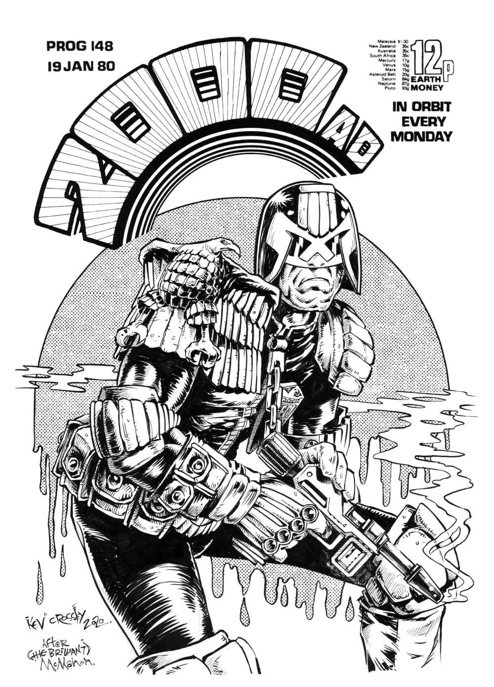 Kev Crossley’s homage to 2000AD Prog 148 by Mick McMahon. “I literally spent two weeks agonising over whether I should do this one at all,” he says