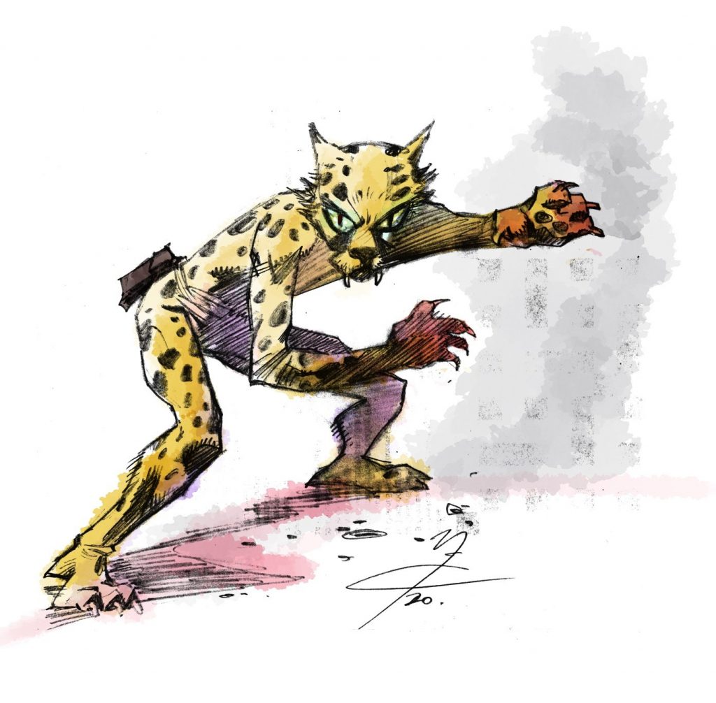 "After reading 'The Leopard from Lime Street" I did a quick sketch," says John of this piece he posted to Twitter earlier this year, "then round to  see PJ Holden  and he let me colour it on ClipStudioPaint using their fantastic watercolour brushes...such a great strip by Tom Tully, Mike Western and Eric Bradbury!"