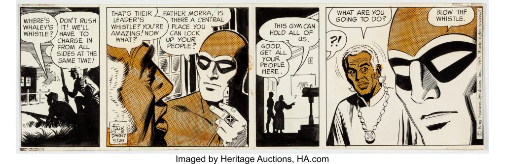 Art for another episode of The Phantom story "The Jungle Home", re-telling the characters origin, first published 24th March 1969. Story by Lee Falk, art by Sy Barry. Image: Heritage Auctions