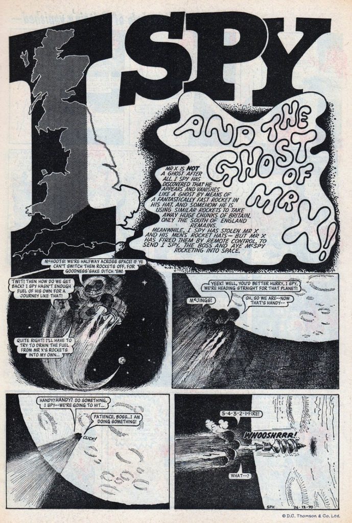 The opening page of “I-Spy” from the Christmas issue of Sparky in 1970. Art by Brian Walker. With thanks to Lew Stringer