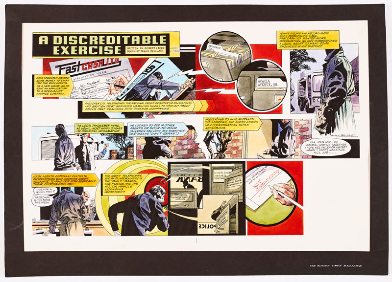 “A Discreditable Exercise” original double-page artwork by Frank Bellamy painted and signed by Frank Bellamy for The Sunday Times magazine (late 1960s). From the Bob Monkhouse Archive. Bright Pelikan inks on board. 28 x 20 ins