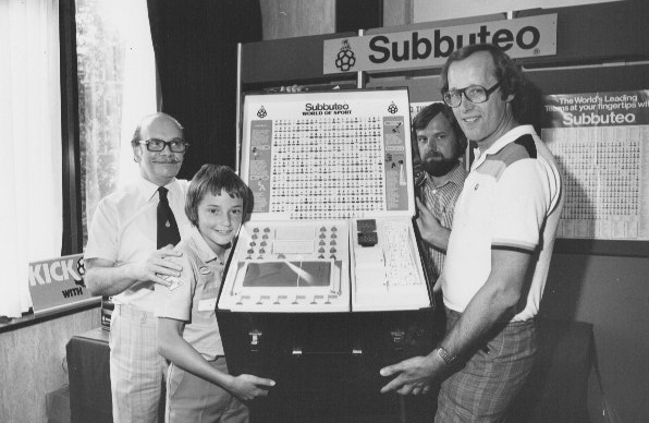 Barrie Tomlinson (right) presenting an incredible  Subbuteo prize to a Tiger winner. Anyone know the winning reader? Image via Barrie Tomlinson