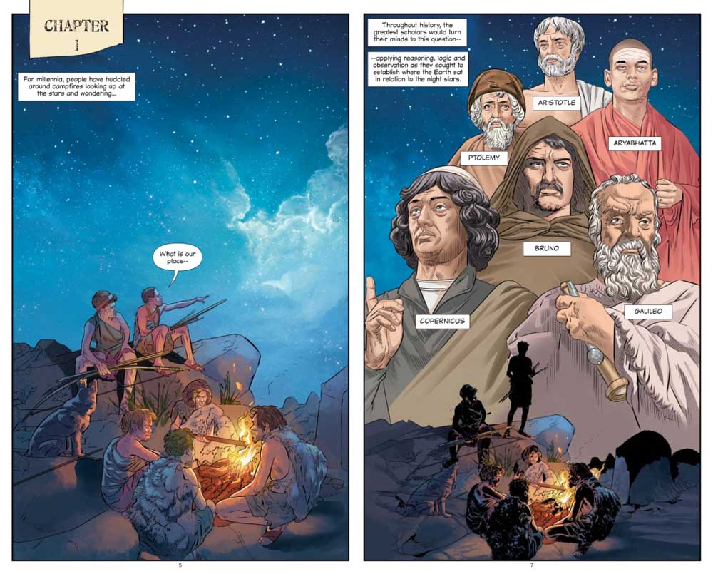 Art from Campfire's "They Changed the World: Copernicus-Bruno-Galileo" by Rik Hoskin, illustrated by Naresh Kumar
