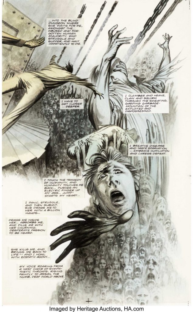 David Lloyd The Horrorist #2 Original Art Story Page 44 (DC/Vertigo, 1996). Spin-off of Vertigo's popular Hellblazer series, The Horrorist stars John Constantine and Angel a "Horrorist," a person who redistributes pain by exposing people to the suffering of others. David Lloyd at his best for a haunting page of this elusive title never offered until now. Mixed media on Bristol paper with an image area of 11" x 17". The bubbles are affixed to a transparent acetate sheet. In Excellent Condition