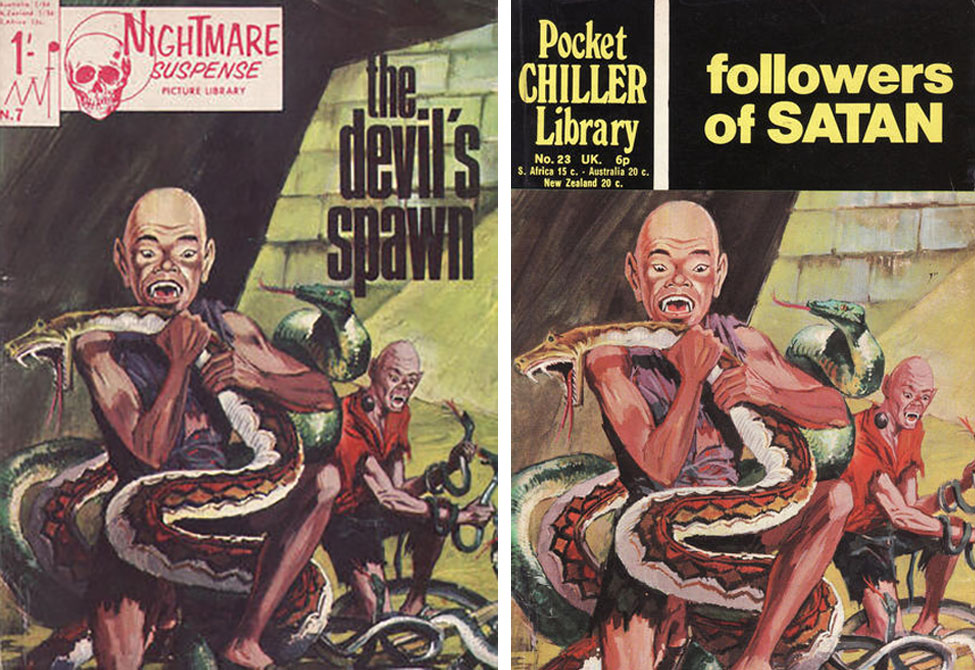 Pocket Chiller Library Issue 23 "Followers of Satan" originally debuted as Nightmare Suspense Picture Library Issue 7, "The Devil's Disciple", utilising the same cover art