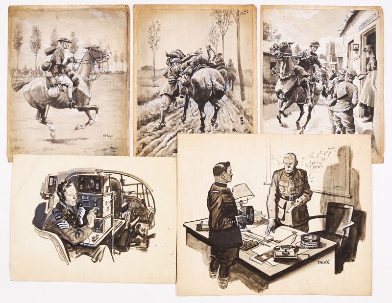 Five wartime sketches (1918-45) painted, four signed by Eric Parker. From the Eric Parker Archive Black ink and wash, highlighted with white. 11 x 9 ins, 14 x 12 ins