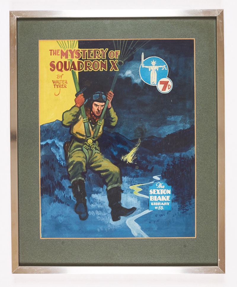 Sexton Blake - “The Mystery of Squadron X” cover artwork by Eric Parker (1940s) from Sexton Blake Library No 53. From the Eric Parker Archive. Poster colour on board 20 x 17 ins