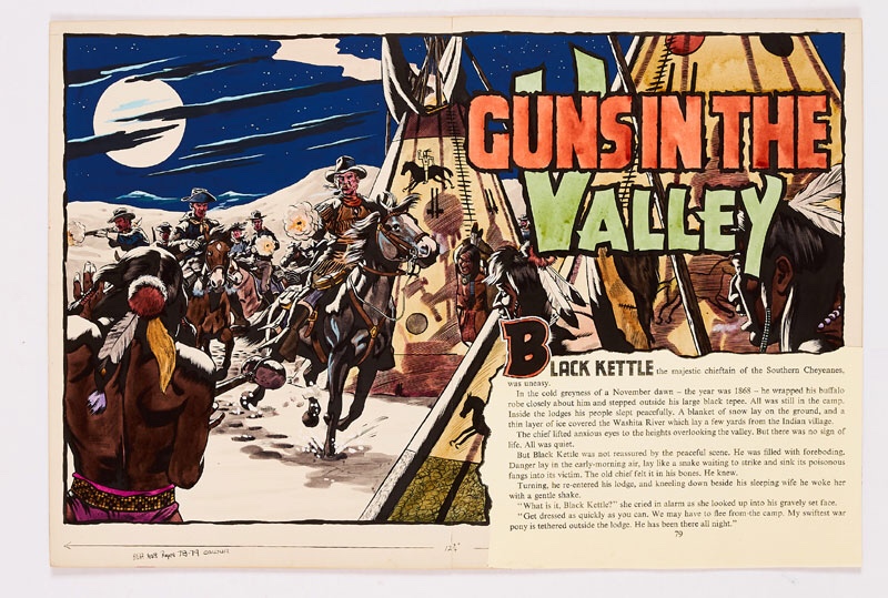 Guns in the Valley original double-page artwork (1956) drawn and painted by Denis McLoughlin from the Buffalo Bill Wild West Annual No 8, 1956. Fresh poster colour on board. 20 x 14 ins