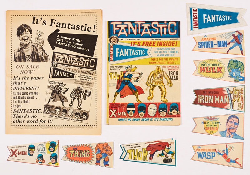 Fantastic No 1 (1967) wfg Fantastic Pennant Wallet and all 8 cut-out colour pennants: Amazing Spider-Man, Hulk, Iron Man, Nick Fury, Thing, Thor and X-Men. (Auctioneer’s note: There were only three cut-out pennants with Fantastic No 1, the other 5 were collected from editions of Wham!, Smash!, and Pow!). With Eagle Flyer for Fantastic No 1