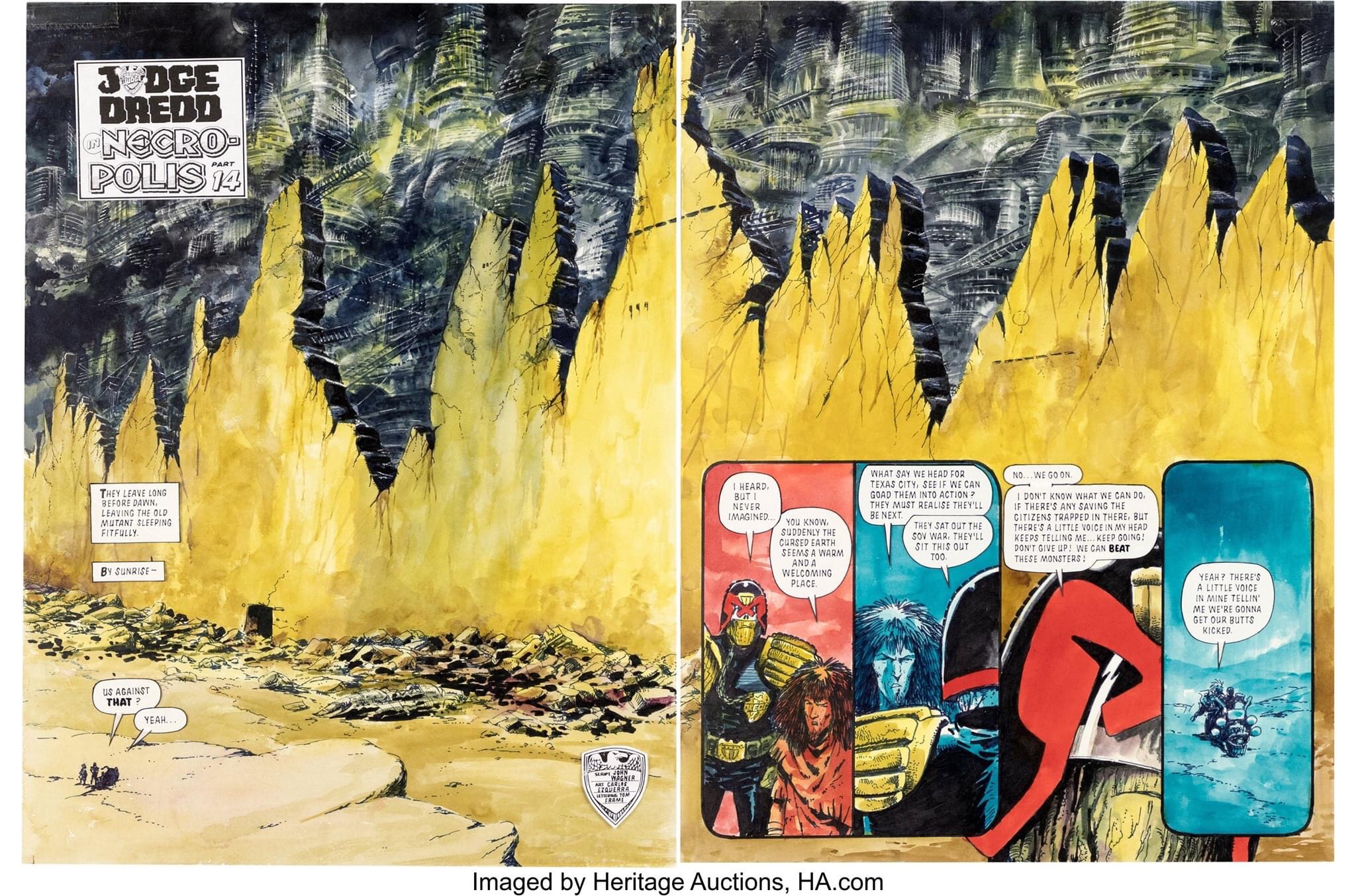 Carlos Ezquerra art for the Judge Dredd story "Necropolis" published in 2000AD Prog 687. Original Art Double Splash Page 12 & 13 (2000AD, 1990). Necropolis was a major turning point in the long-running Democracy story arc. The story also reintroduced the character Judge McGruder, Judge Death and his fellow Dark Judges . It also introduced the "Sisters of Death," saw the deaths of Judge Kraken (Dredd Clone-Brother), Judge Odell, and Chief Judge Silver. Set in the year 2112, the story concerns the tragedy that befalls Mega-City One following the resignation of Judge Dredd in "Tale of the Dead Man". Don't be fooled this DPS by the hand of legend Carlos Ezquerra is THE ultimate DPS of Necropolis. Mixed media on Bristol paper with a large image area of 26.5" x 18". 2000 AD stamp on the back. The bubbles are affixed to a transparent acetates. In Excellent Condition. From the Ezquerra Collection