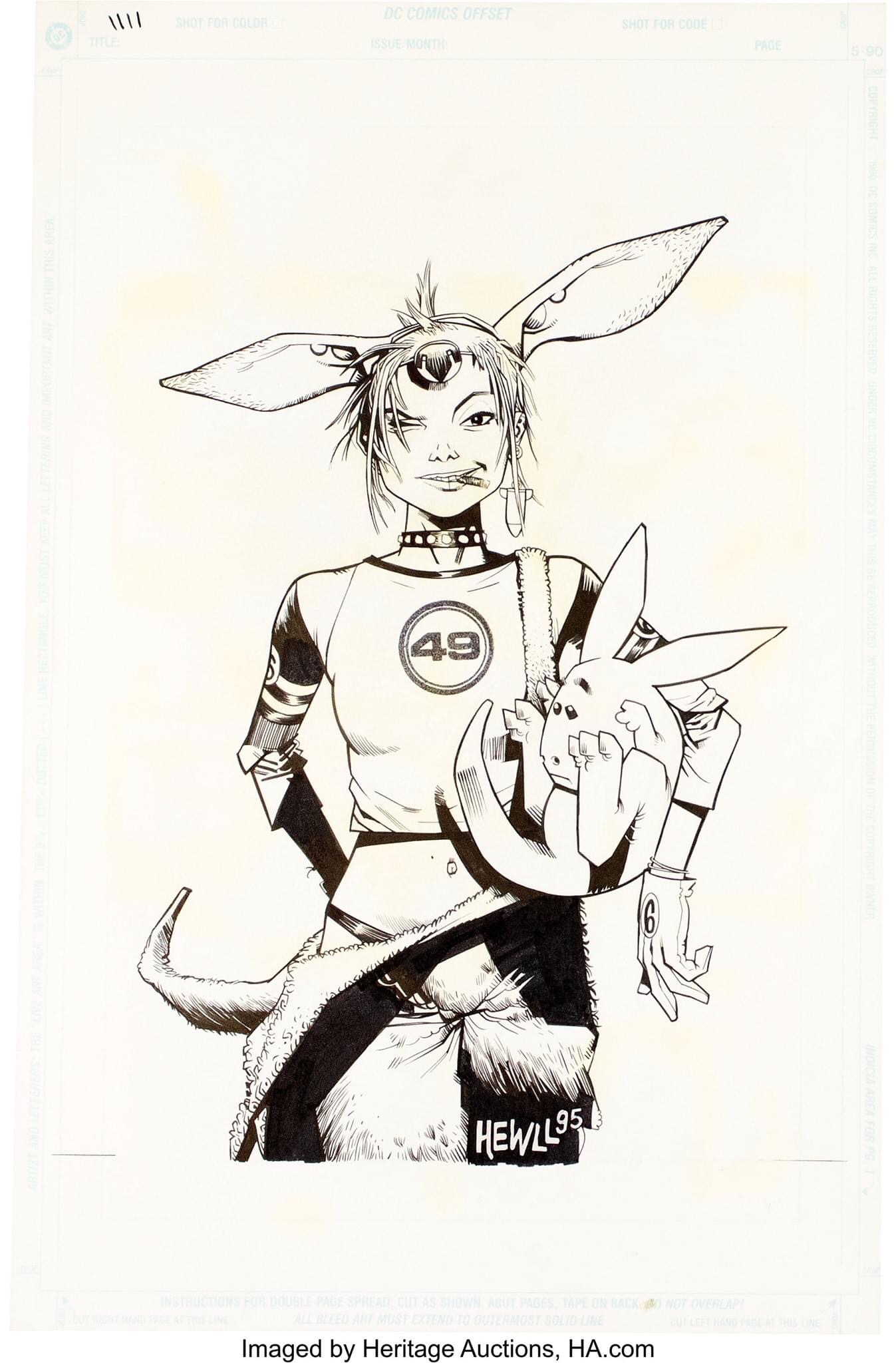 Jamie Hewlett Tank Girl The Odyssey #1 Original Art Cover (Vertigo,1995). Cult and historical cover #1 of our favourite dysfunctional punk anarchist, Tank Girl accompanied by Camp Koala. Genesis of the beginnings of Tank Girl out of the head of Jamie Hewlett future Gorillaz band's graphic designer. This image is used several times, in 1995 by Manga Publishing LTD, in 2009 for the cover of the reprint The Odyssey by Titans Comics and directly after that in 2010 for for same adventure by Ankama Editions, a story until then unpublished in France. Ink on DC board with an image area of 9" x 13". Signed, dated. Some white out corrections, slight yellowing. In Very Good Condition