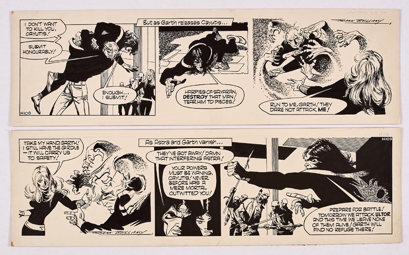 Garth: ‘The Beast of Ultor’. Two original consecutive artworks (1974) drawn and signed by Frank Bellamy for the Daily Mirror 9-10 May 1974. Indian ink on board. 21 x 7 ins (x2)