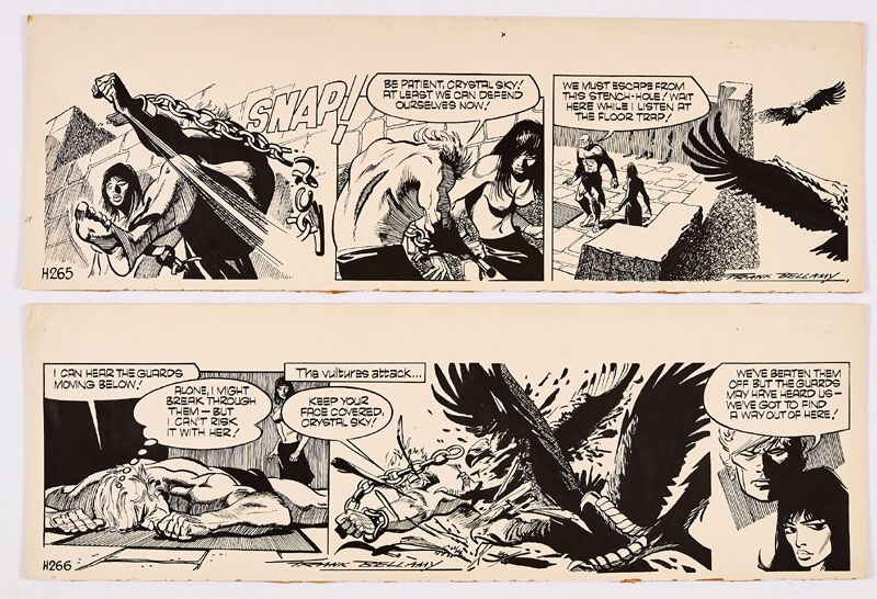 Garth: ‘The Bride of Jenghiz Khan’. Two original consecutive artworks (1974) drawn and signed by Frank Bellamy for the Daily Mirror 11-12 November 1974. Indian ink on board. 21 x 7 ins (x2)